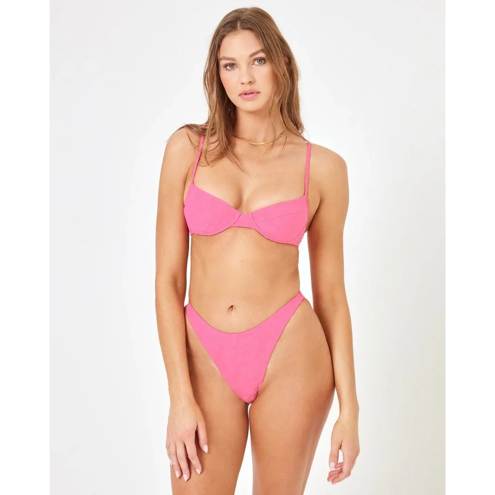 L*Space Missy Top Leilani Bitsy Bottom Bikini Set Cosmic Pink Floral Jacquard S